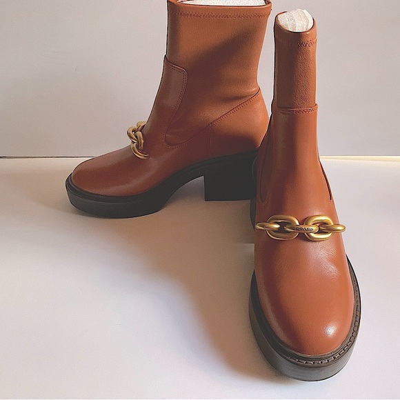 Coach Kenna honey caramel brown bootie with gold chain chunky heel ankle boot - Picture 7 of 14